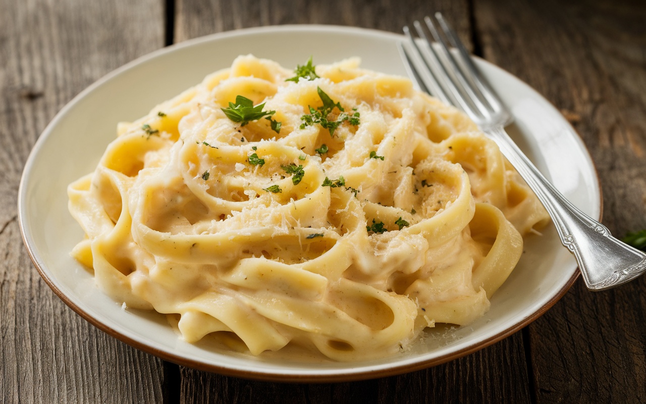 A delicious serving of fettuccine Alfredo pasta with creamy sauce and parsley garnish on a wooden table.